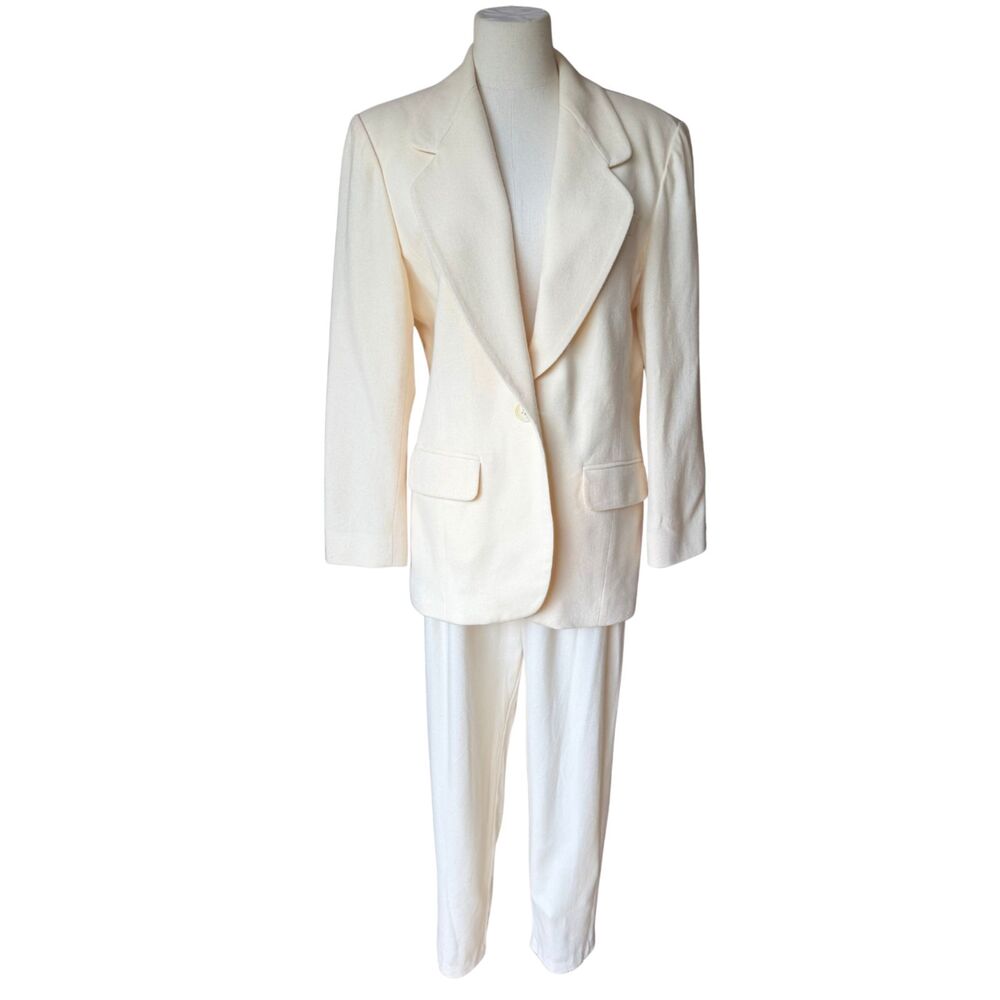 80s Cream Butter Yellow VTG Women's Pure Wool Pantsuit Blazer Trousers 10 Lined